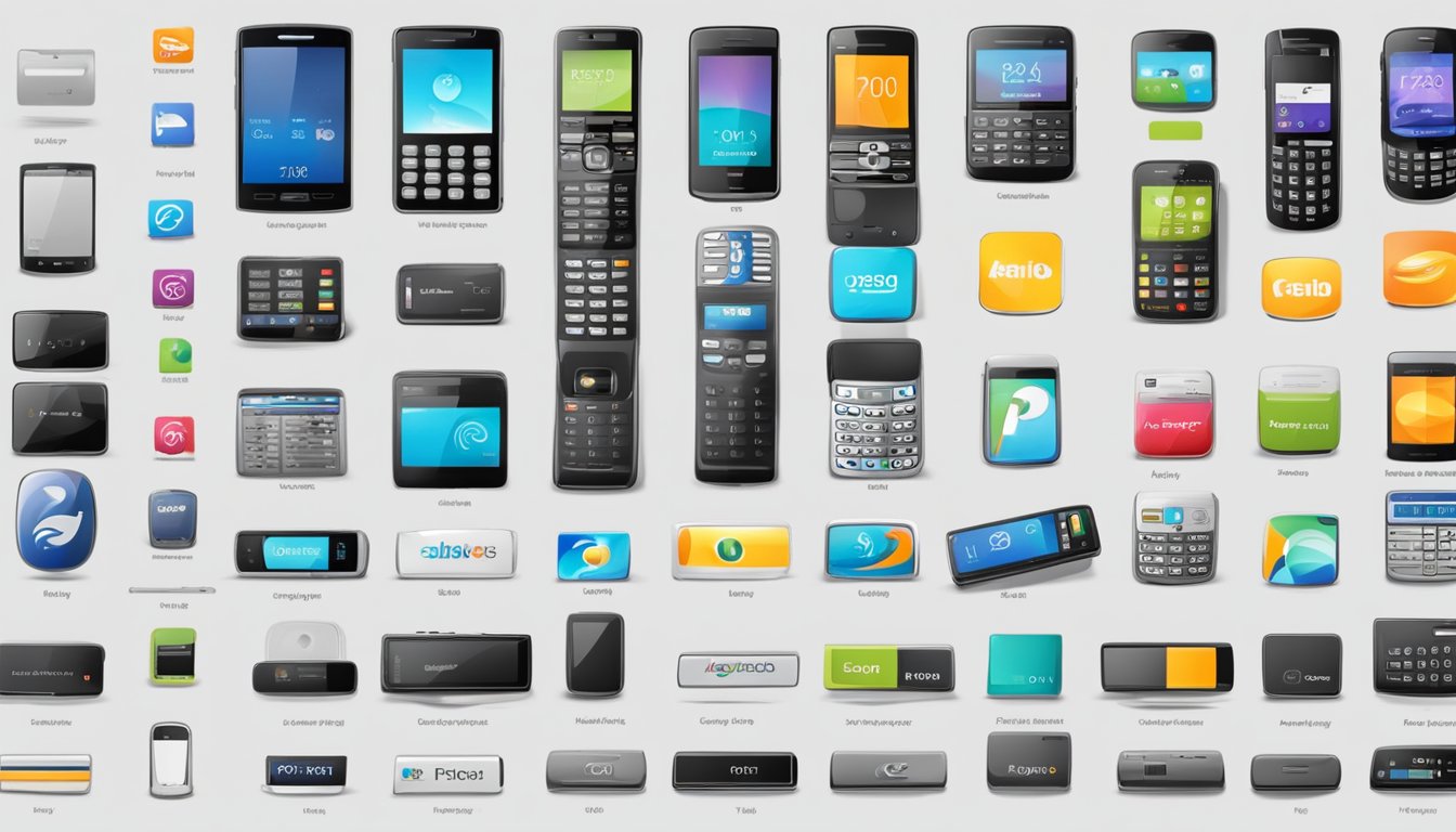 Various phone brands from old to new, arranged in a timeline. Icons or logos could be used to represent each brand's evolution