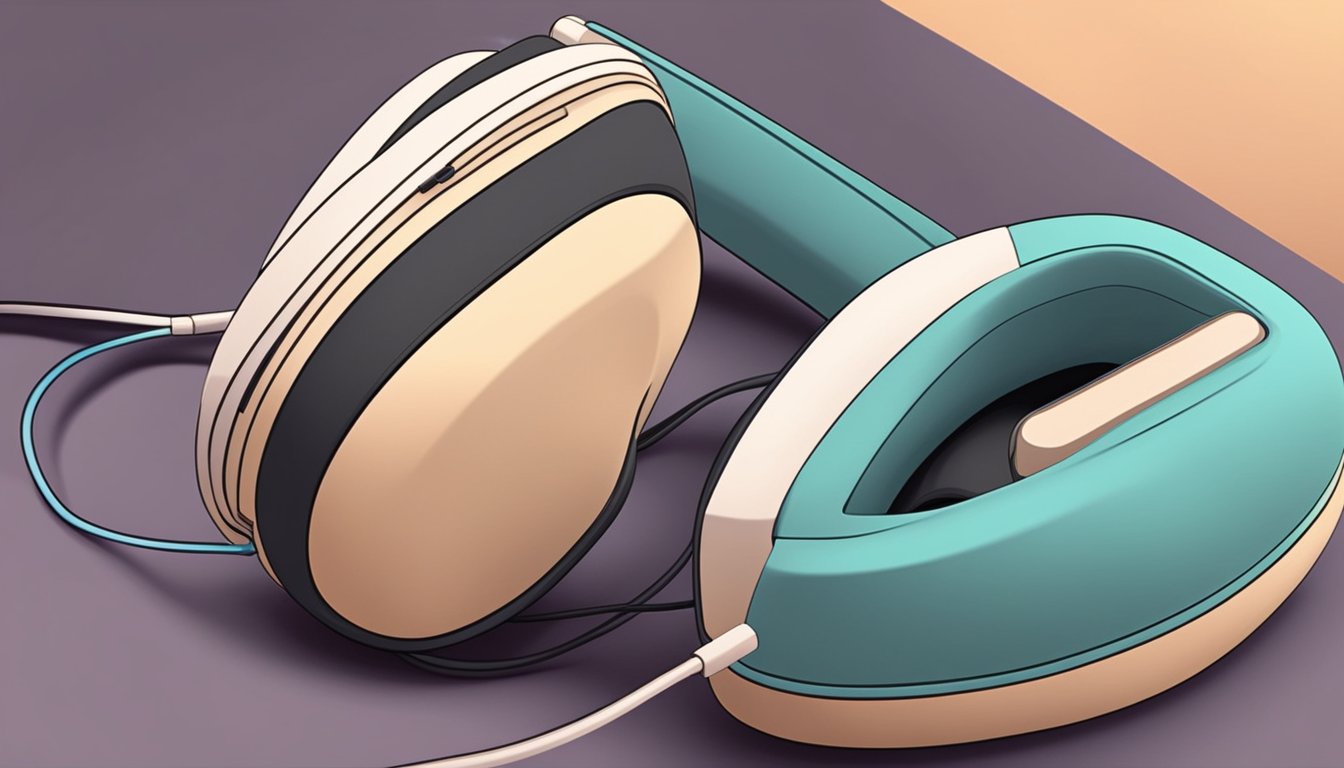 A sleek, modern headphone resting on a plush, cushioned surface, surrounded by soft, ambient lighting