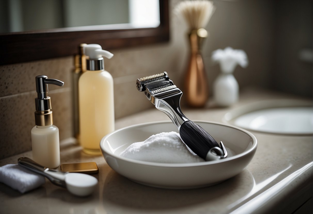 A close-up of a razor, shaving cream, and scissors on a bathroom counter, with a soft towel and a bottle of soothing lotion nearby