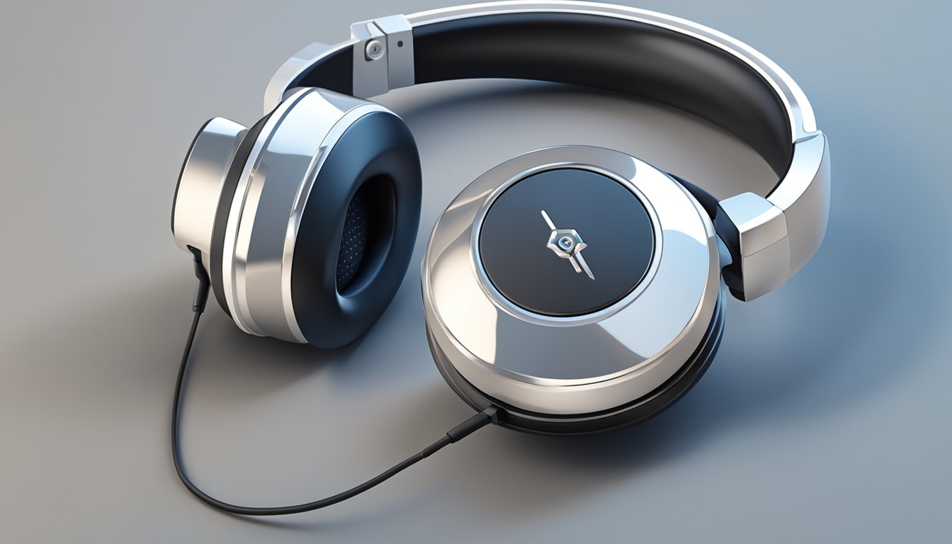 A pair of sleek, modern headphones sits atop a glossy surface, with buttons and controls visible. The brand logo is prominently displayed, and the overall design exudes a sense of high-quality craftsmanship