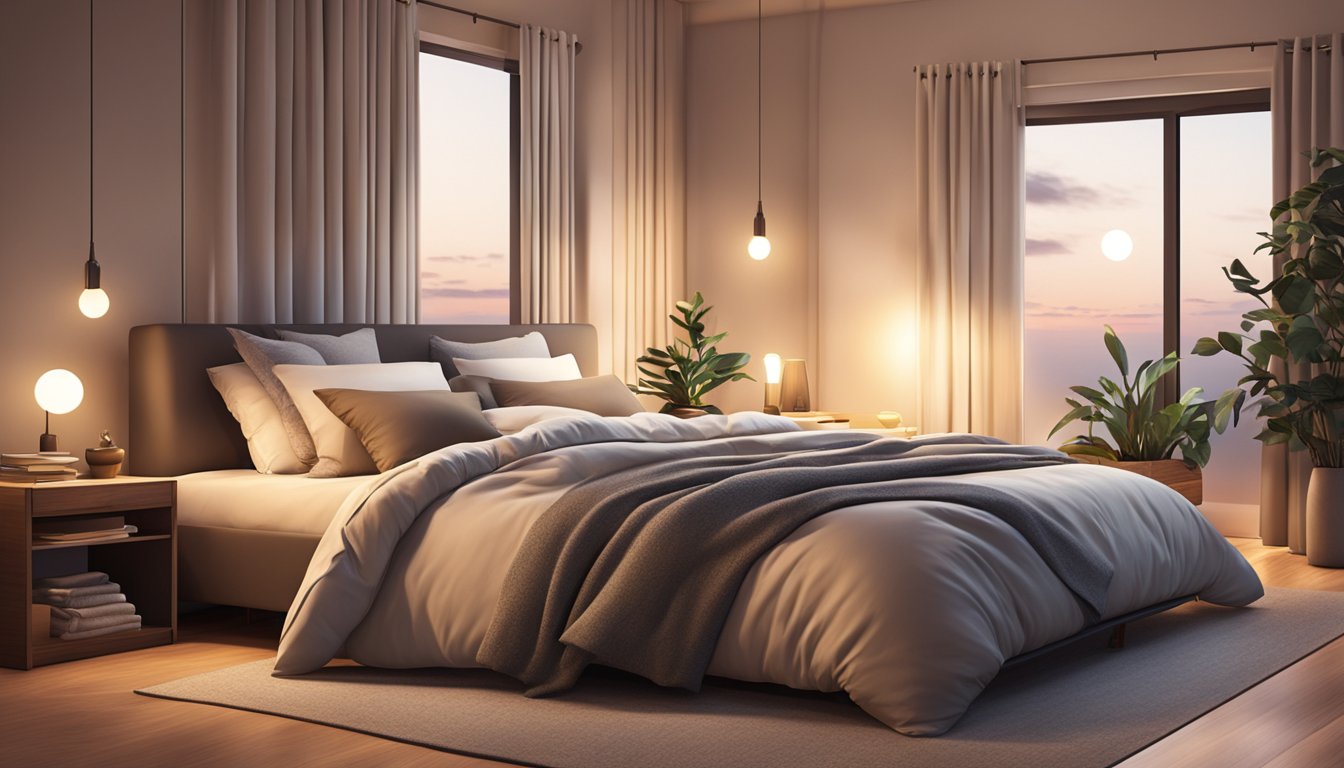 A cozy bedroom with a comfortable mattress, surrounded by calming elements like soft pillows and warm blankets. The room is dimly lit, creating a peaceful and restful atmosphere