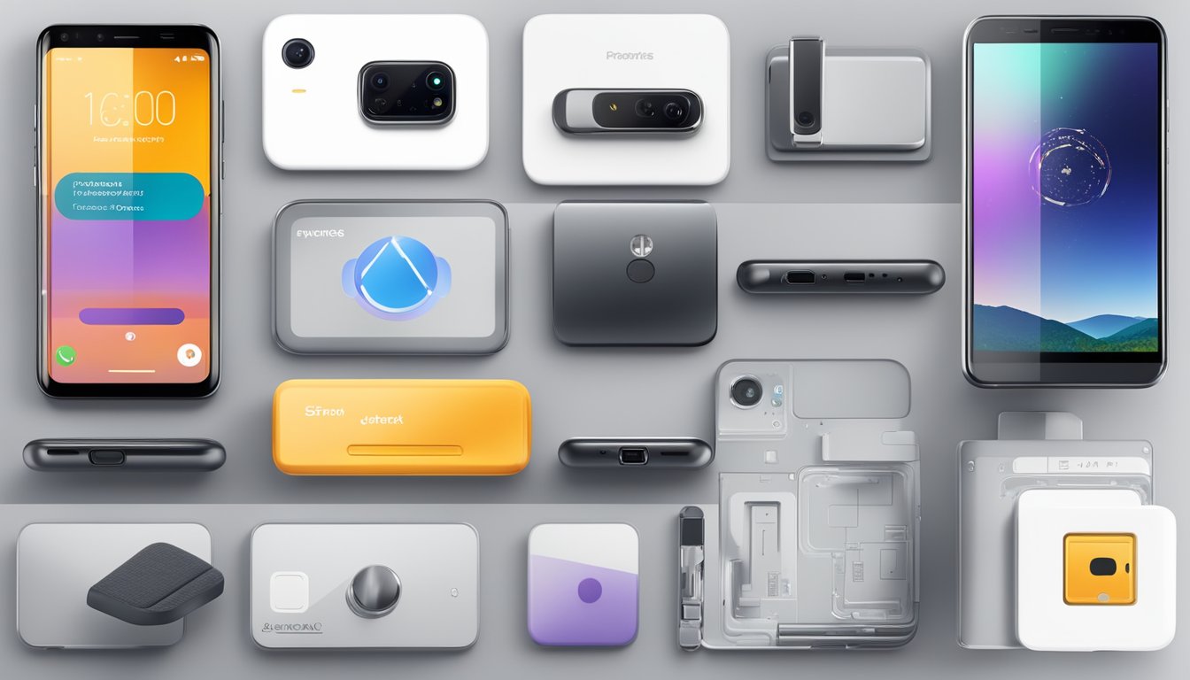 Various phone brands displayed with performance and hardware details. Icons and logos visible, with specs highlighted