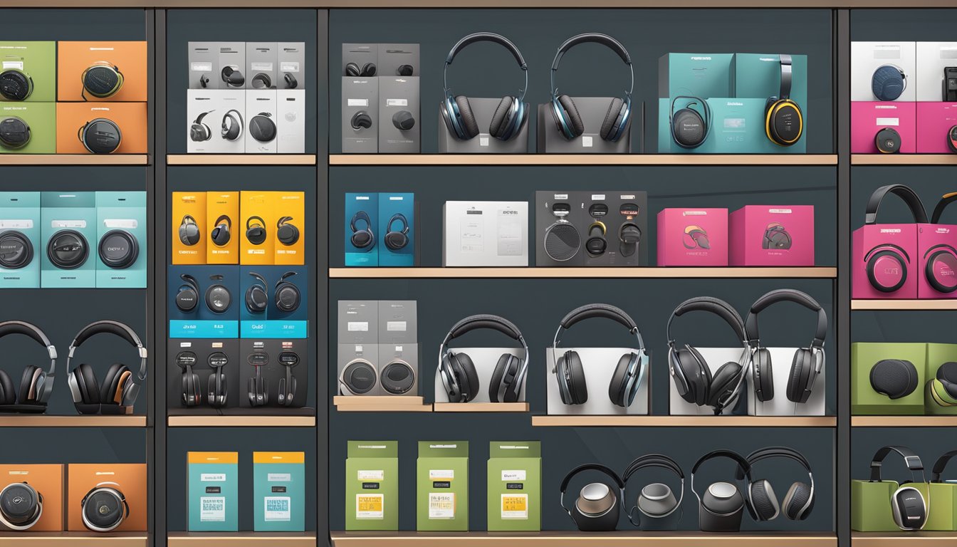 A display of various headphone brands arranged on shelves with labels and price tags. Different styles and colors cater to different lifestyles