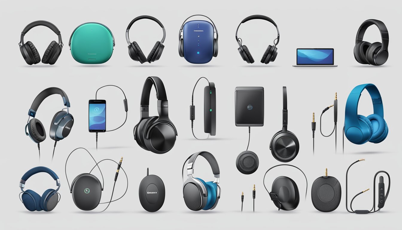 Various headphone brands are connected to different devices, showcasing their compatibility. Wires and wireless connections are depicted, highlighting the seamless connectivity between the headphones and various gadgets