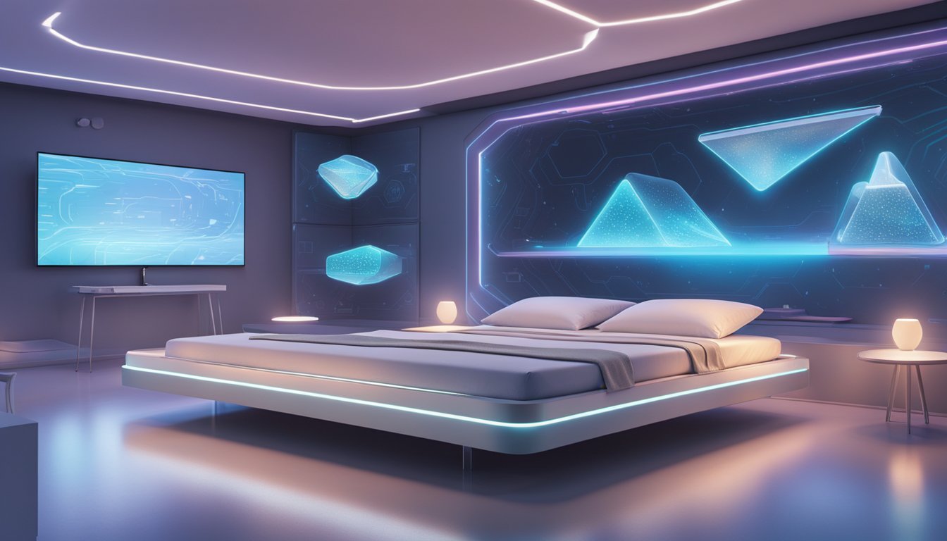 A mattress floating in a futuristic, tech-filled room, surrounded by holographic displays showcasing advanced materials and designs