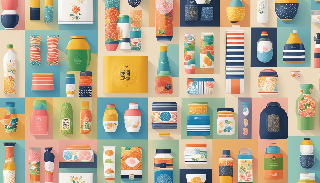 A display of Japanese brands: colorful packaging, minimalist designs, and traditional motifs
