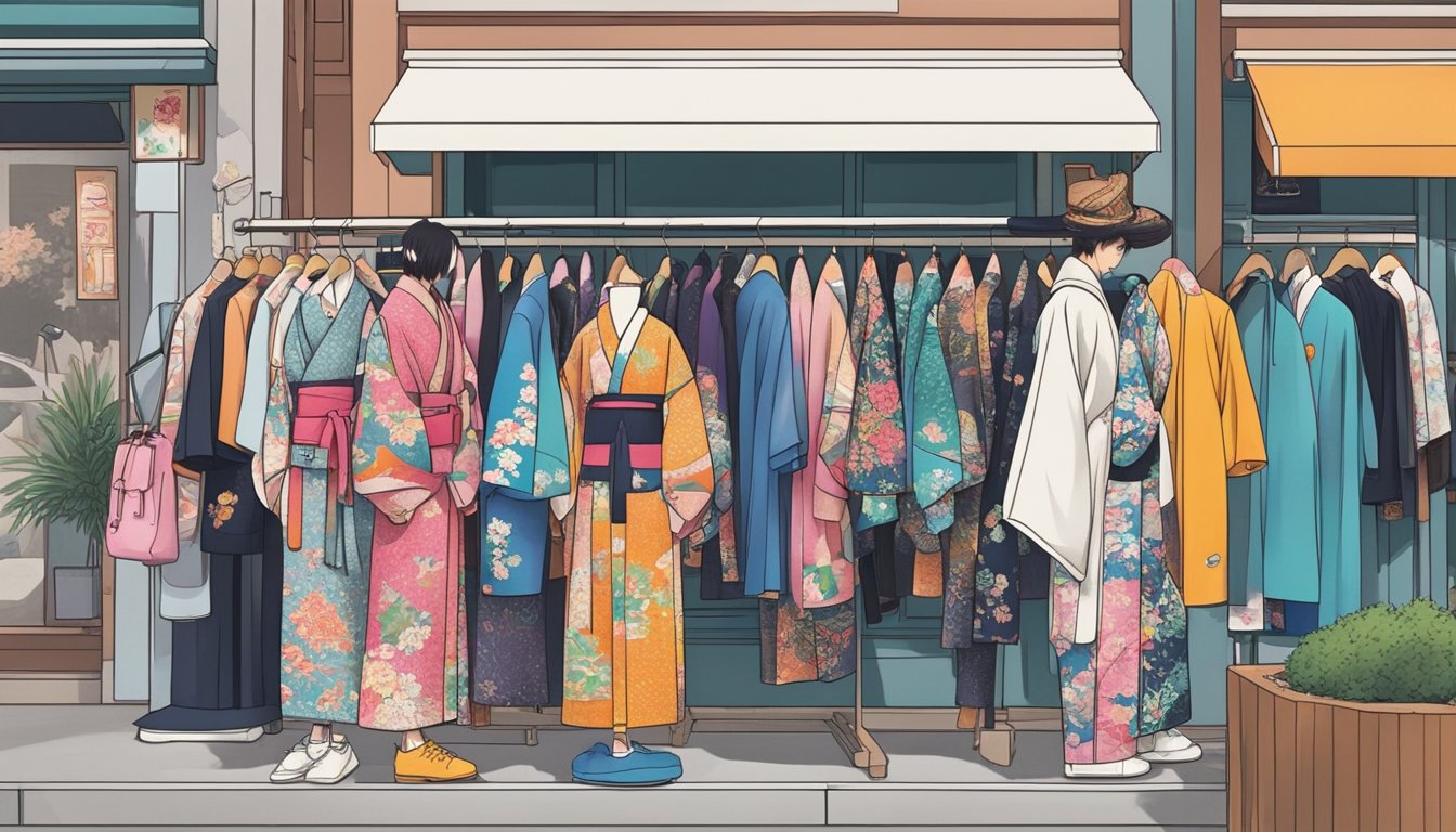 Japanese fashion brands line a bustling Tokyo street, blending traditional kimono with modern streetwear. Vibrant colors and intricate patterns adorn storefronts, reflecting the rich history of Japanese fashion