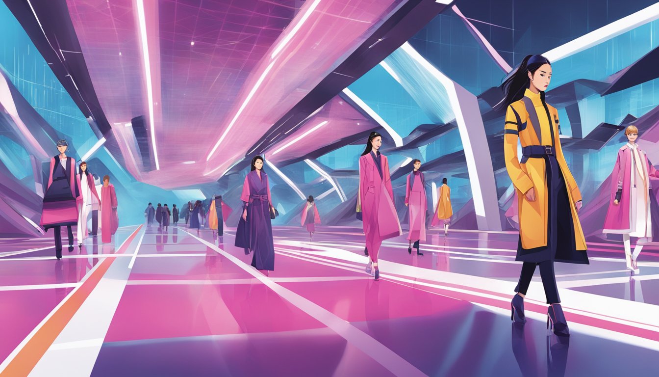 A sleek, futuristic runway showcasing Japanese fashion and technology brands. Bold colors, clean lines, and innovative designs take center stage