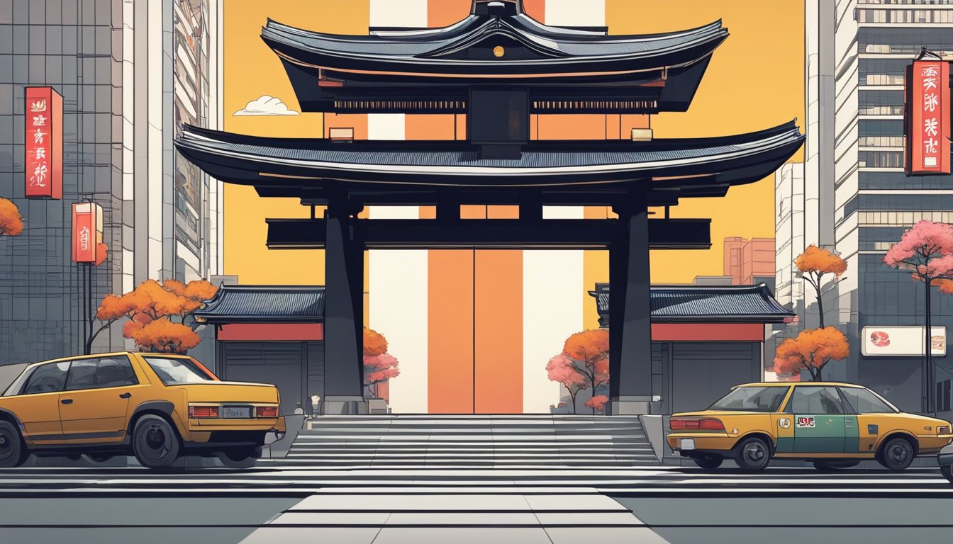 A traditional Japanese torii gate stands in front of a modern building adorned with iconic logos of Japanese brands. The blending of old and new symbolizes the cultural significance of Japanese brands