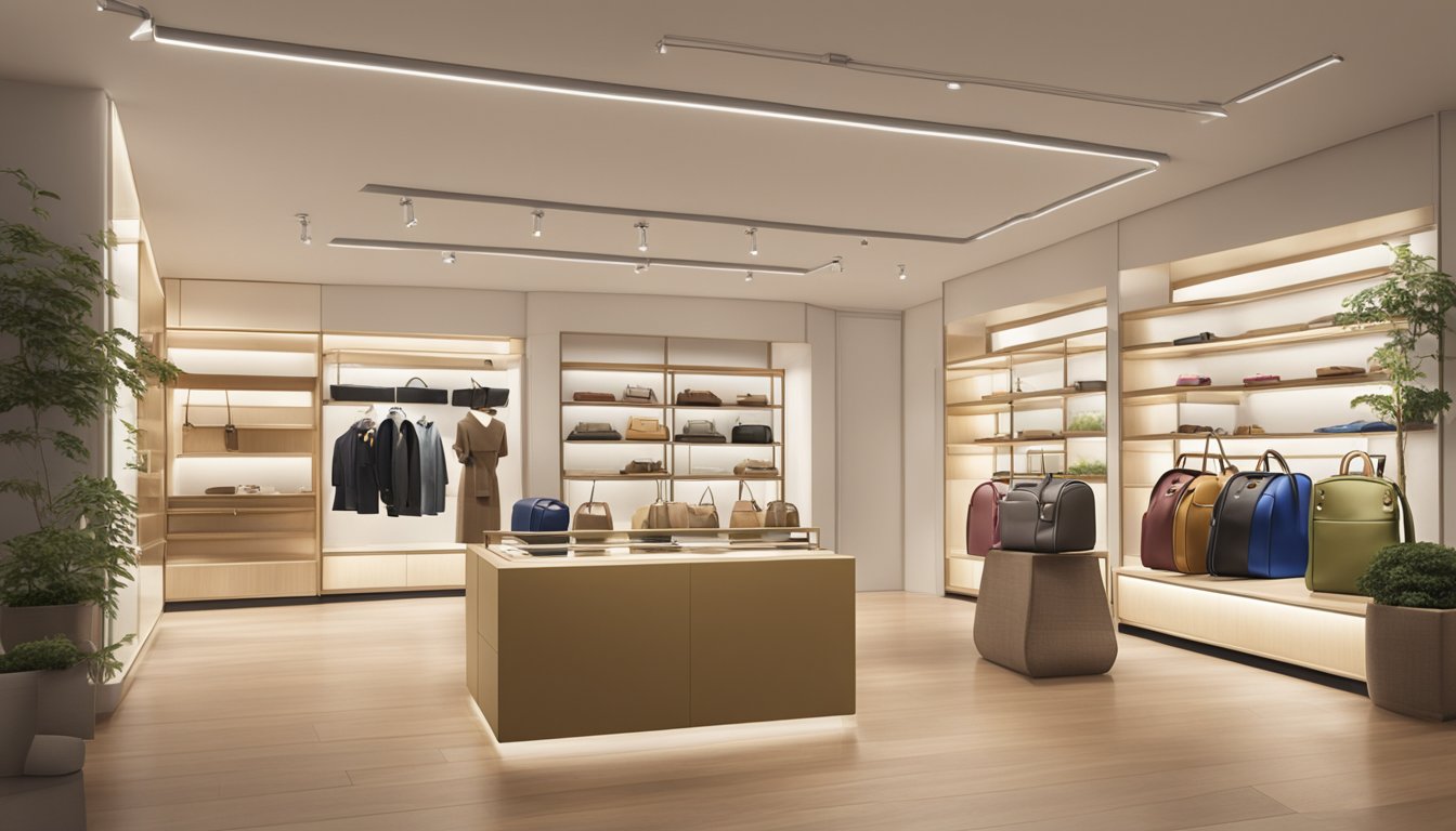 A display of Japanese bag brands in a modern boutique setting, showcasing a variety of styles and materials. Bright lighting highlights the craftsmanship and details of each bag