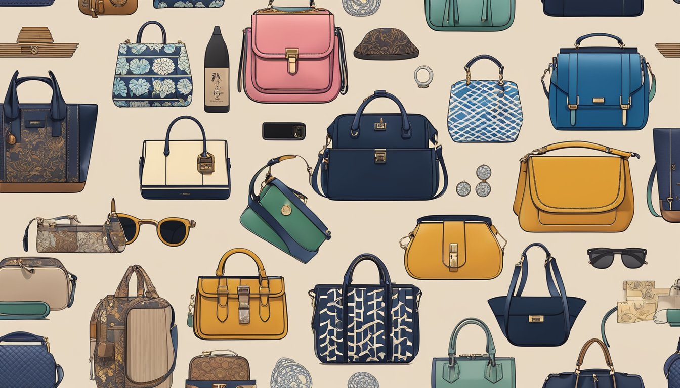 A display of iconic Japanese bag brands, showcasing various styles and designs, with traditional and modern elements