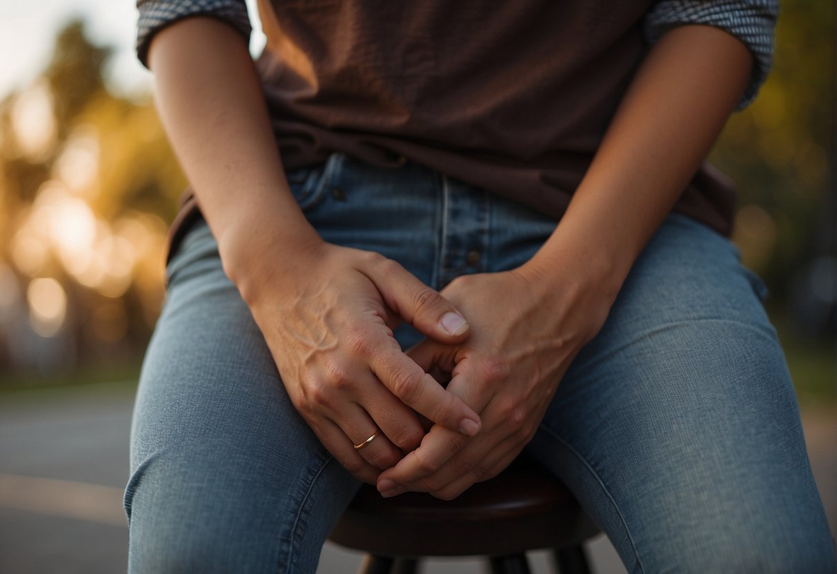 A person scratching their pubic area with a puzzled expression