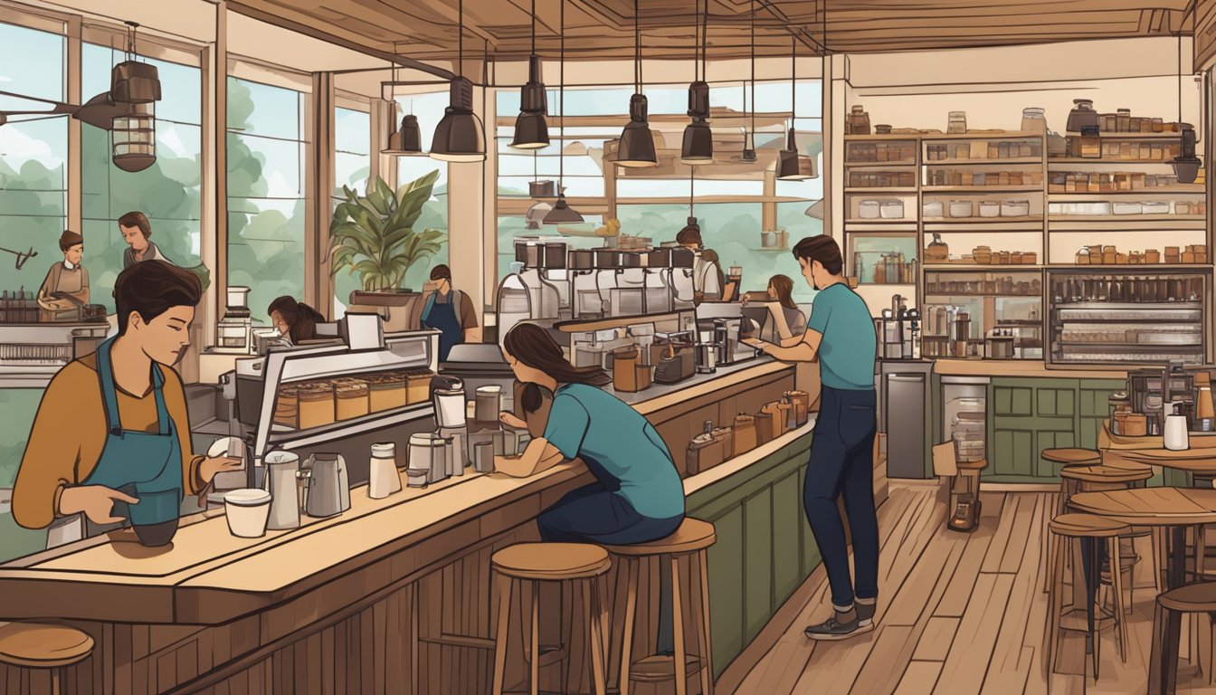A bustling coffee shop with modern decor, baristas brewing specialty blends, and customers enjoying artisanal drinks. The aroma of freshly roasted beans fills the air