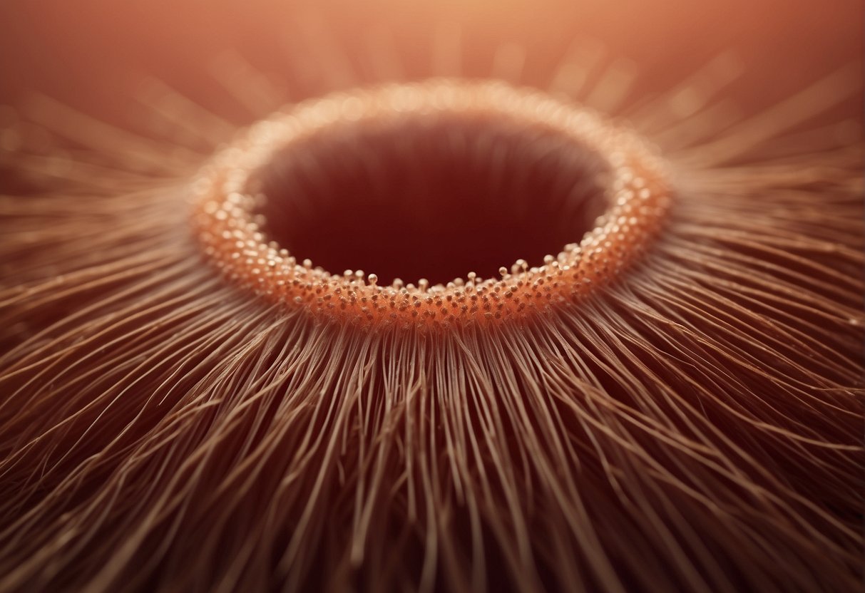 A red, irritated patch of pubic hair surrounded by small bumps. The skin appears inflamed and itchy