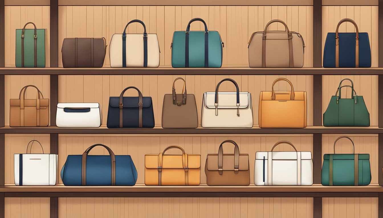A display of sleek, minimalist Japanese bags arranged on wooden shelves with soft lighting and clean lines. Subtle branding and attention to detail