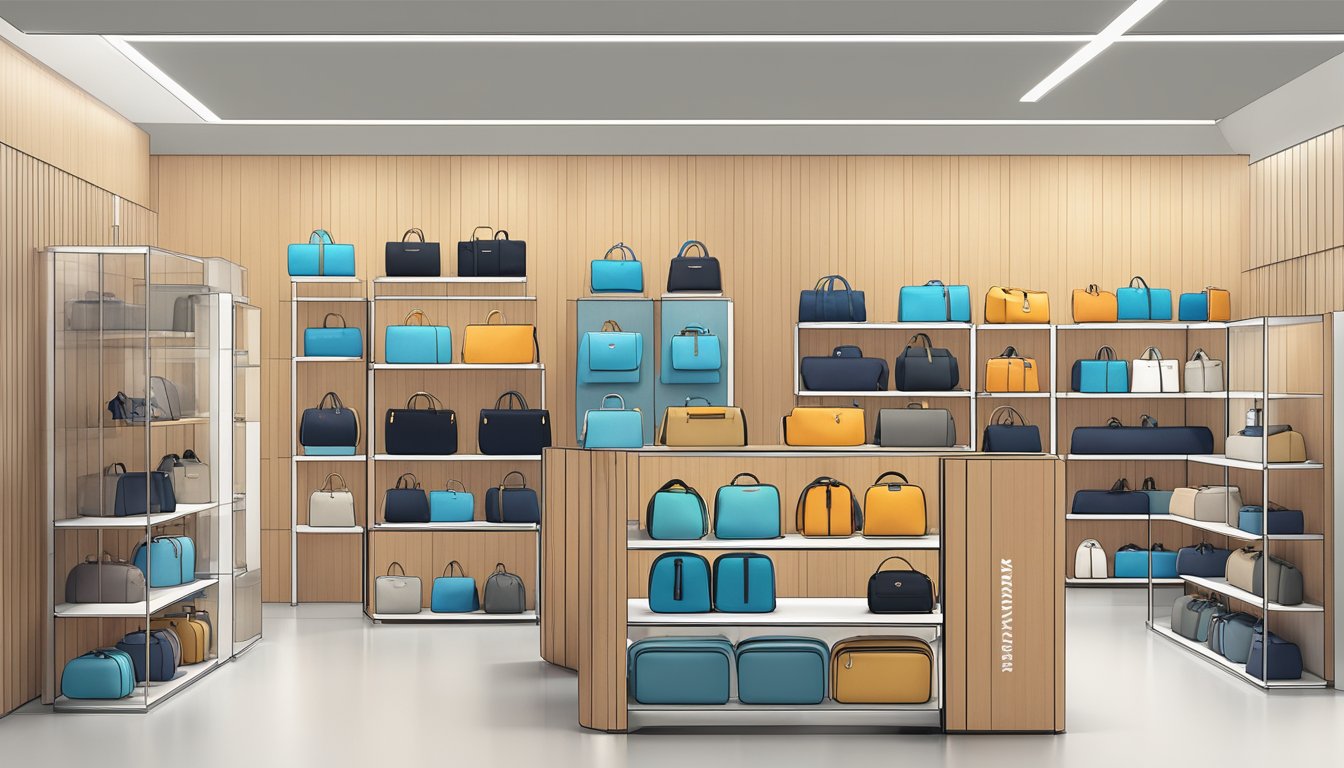 A sleek, modern Japanese bag brand display showcases various styles and sizes, highlighting functionality and versatility through innovative design and quality materials