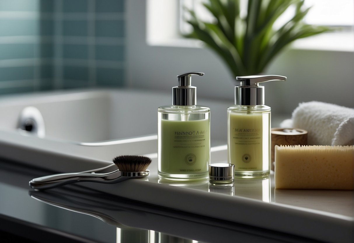 A bottle of soothing lotion next to a razor and tweezers on a bathroom counter, with a magnifying mirror and a diagram of hair follicles on the wall