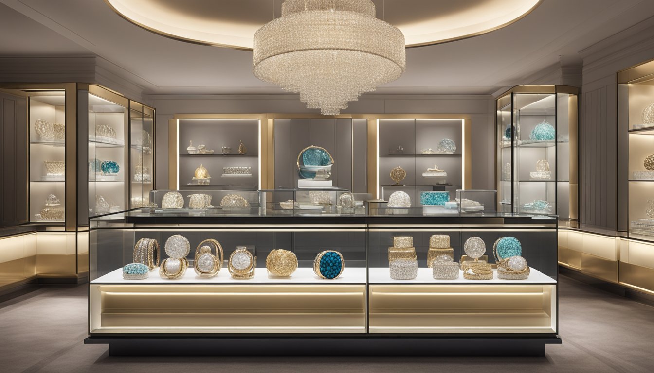 A display of opulent jewelry brands gleaming under soft lighting, showcased on plush velvet cushions within a sleek, modern glass cabinet