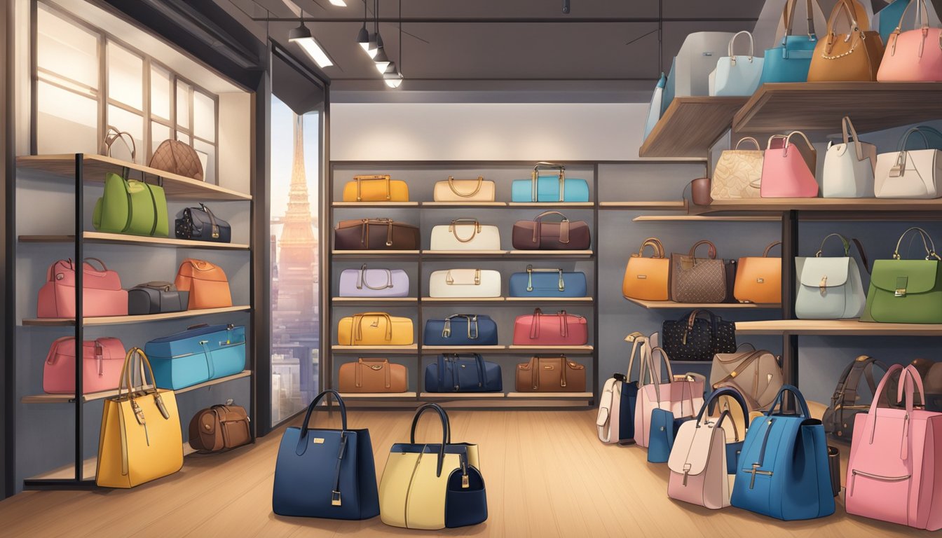 Various bags and accessories from Japanese brands are neatly displayed on shelves, showcasing a mix of traditional and modern designs