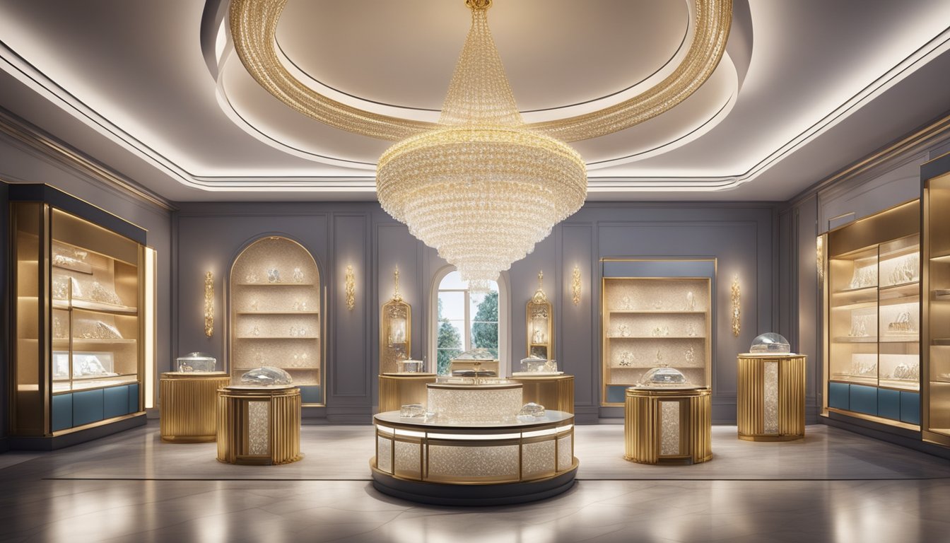 A display of iconic luxury jewelry brands gleaming under soft spotlights in an opulent showroom