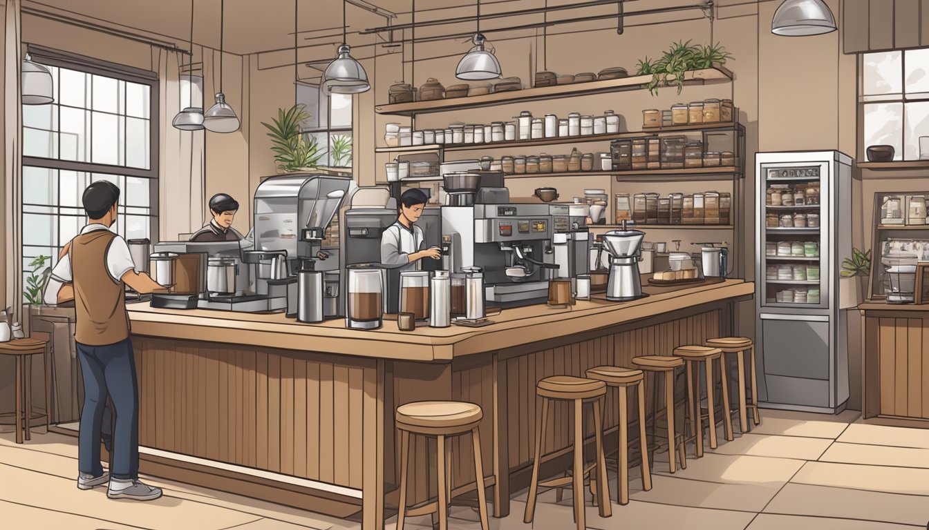 A bustling Singapore coffee shop with a variety of coffee beans on display, a roasting machine, and a barista expertly blending and brewing a cup of coffee