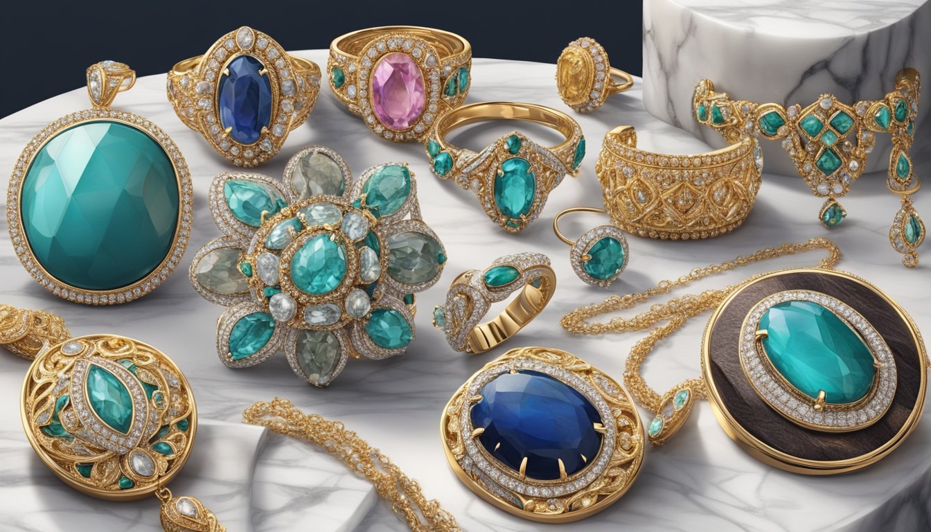 A display of exquisite jewelry pieces, showcasing intricate designs and impeccable craftsmanship, set against a backdrop of luxurious materials such as velvet and marble