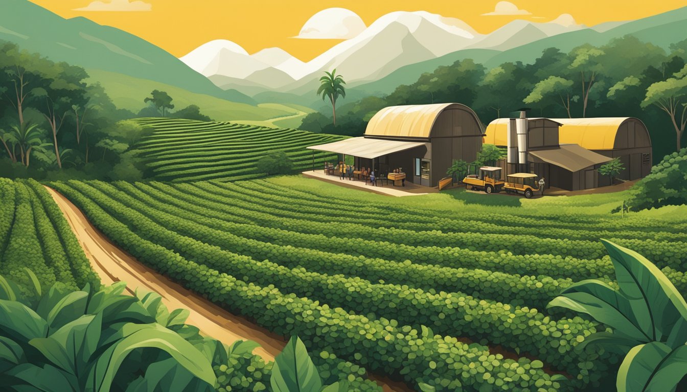 A lush coffee plantation with modern, eco-friendly equipment and sustainable farming practices. The brand's logo prominently displayed on packaging and signage
