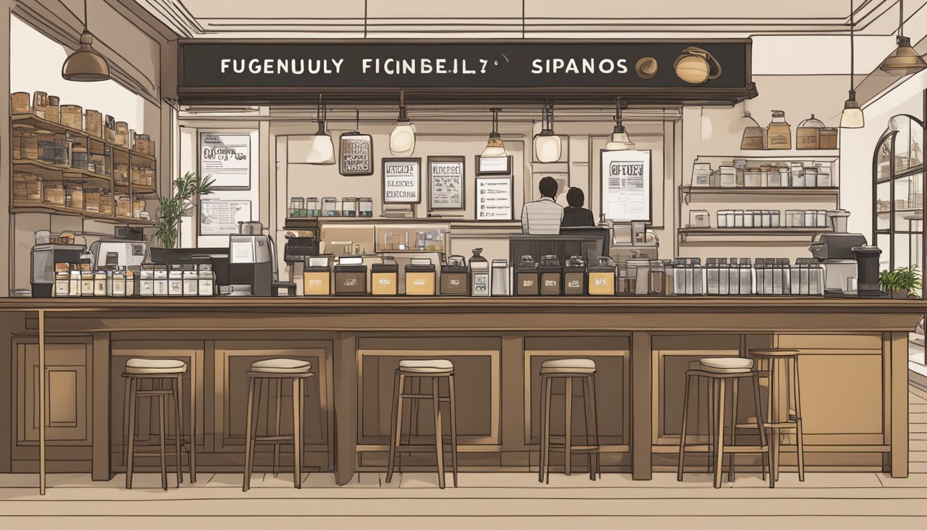 A bustling coffee shop in Singapore, with a display of various coffee blends and a sign labeled "Frequently Asked Questions" above the counter