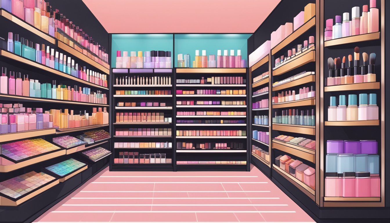 A display of Japanese makeup brands in a Singaporean beauty store. Vibrant packaging and diverse products arranged neatly on shelves