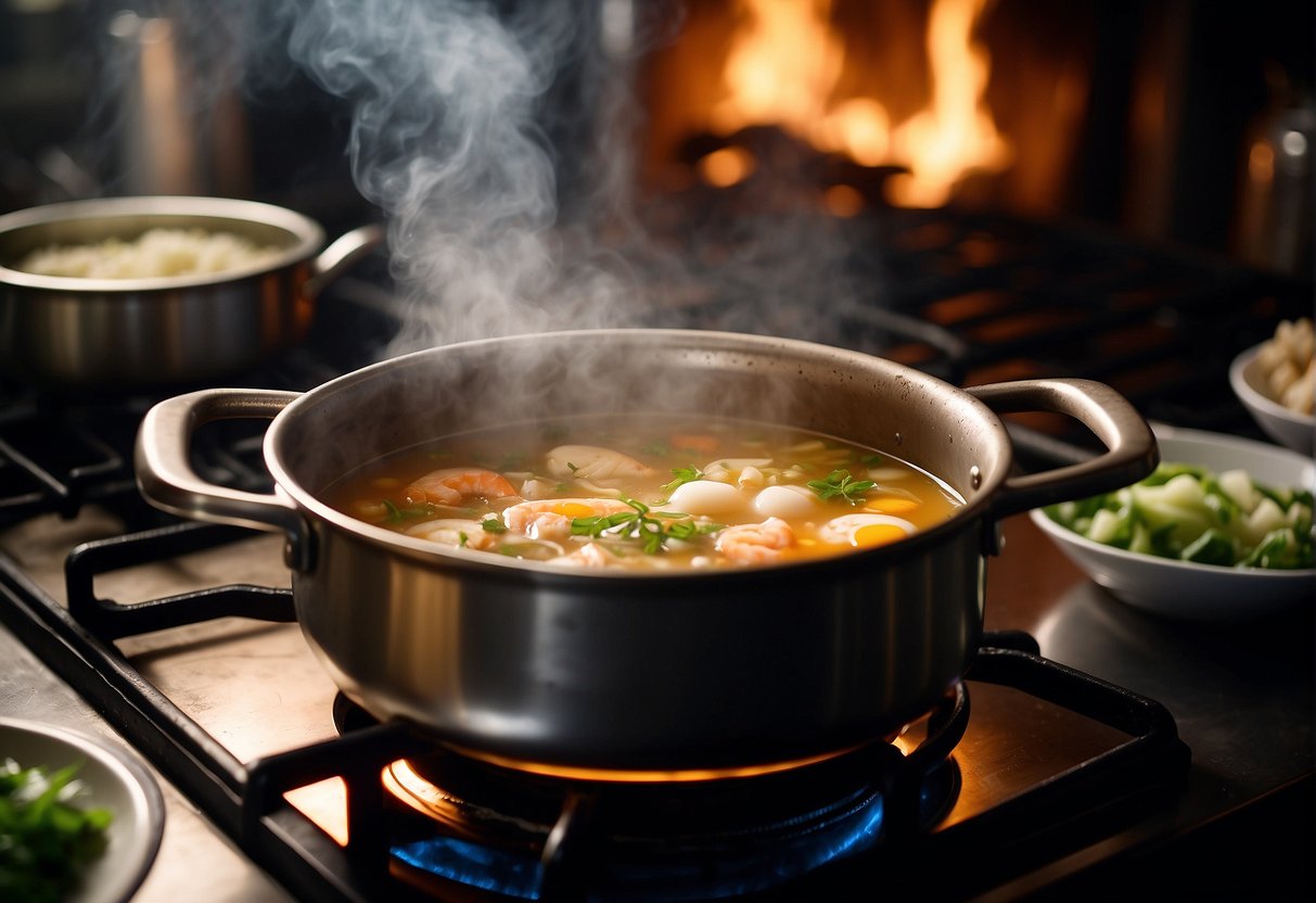 A pot simmers on a stove, filled with a rich broth of Chinese seafood soup. A cracked egg hovers above, ready to be added to the bubbling mixture