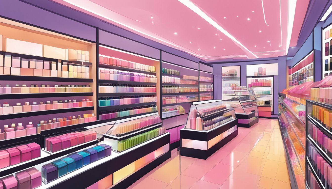 A display of Japanese makeup brands in a modern Singaporean beauty store, showcasing vibrant colors and sleek packaging