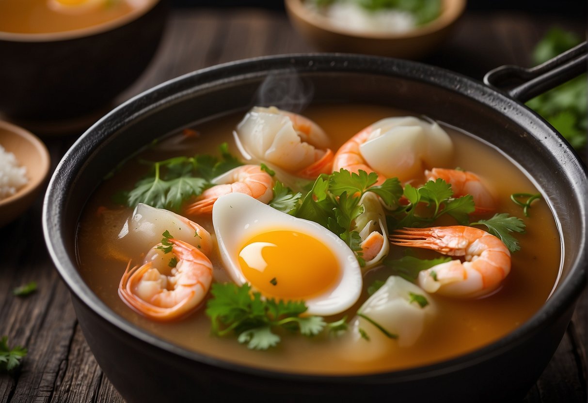 A pot simmers with Chinese seafood soup. A cracked egg is added, swirling into the broth