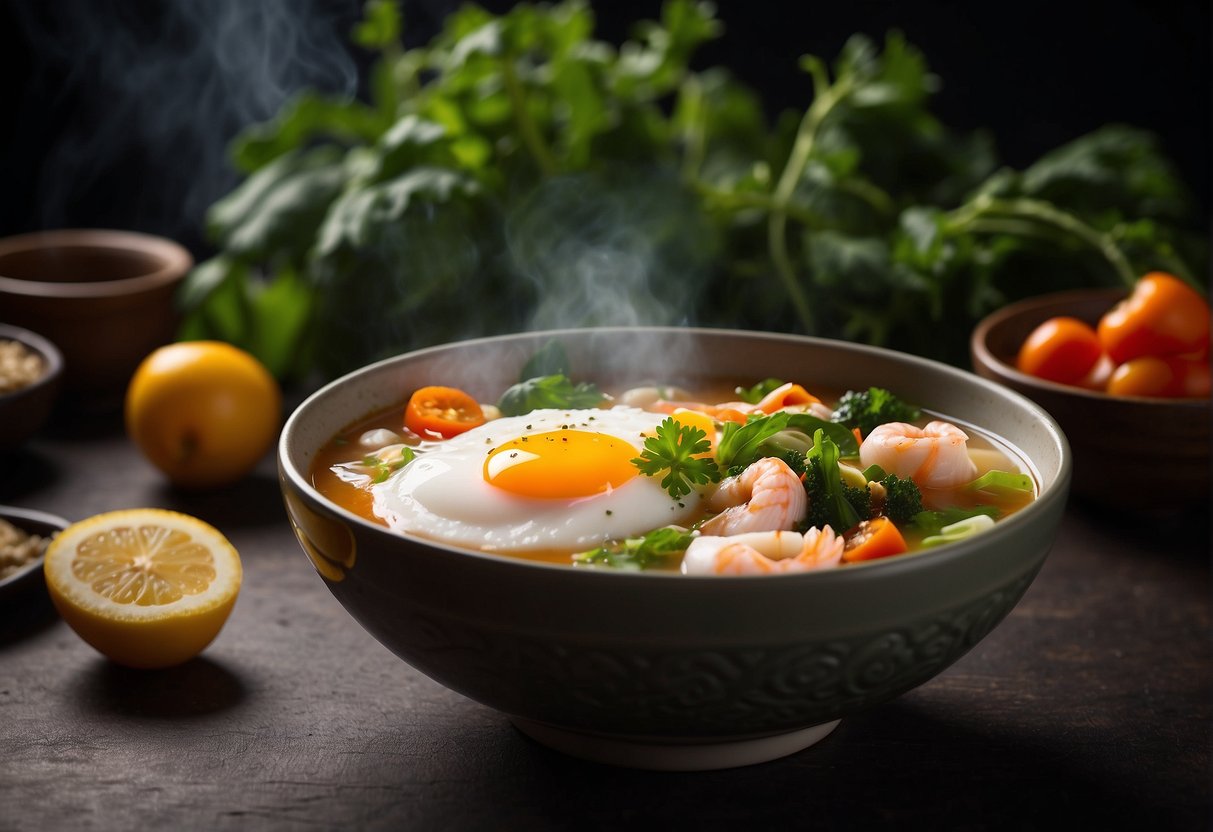 A steaming bowl of Chinese seafood soup with a poached egg floating on top, surrounded by vibrant vegetables and fragrant herbs