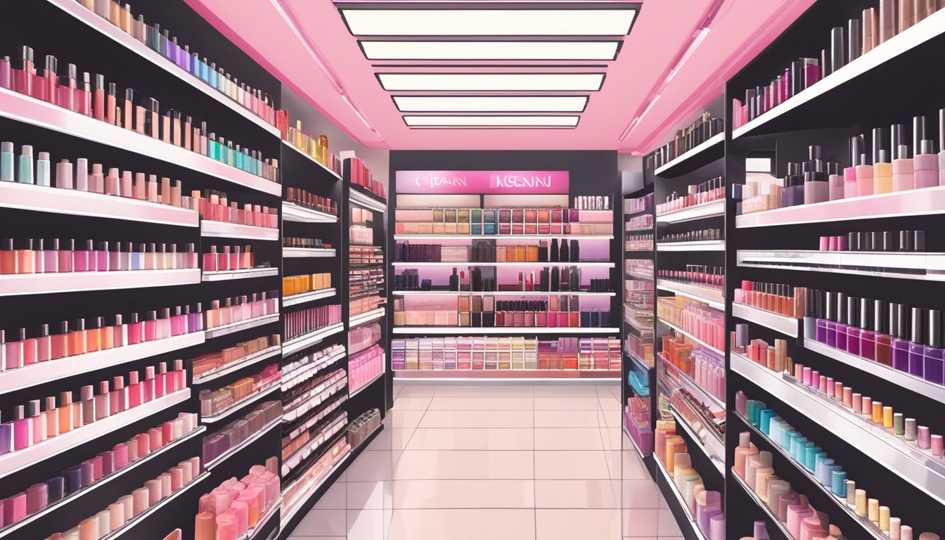 A display of top Japanese makeup brands in a Singaporean store. Brightly lit shelves showcase various products like lipsticks, eyeliners, and foundations