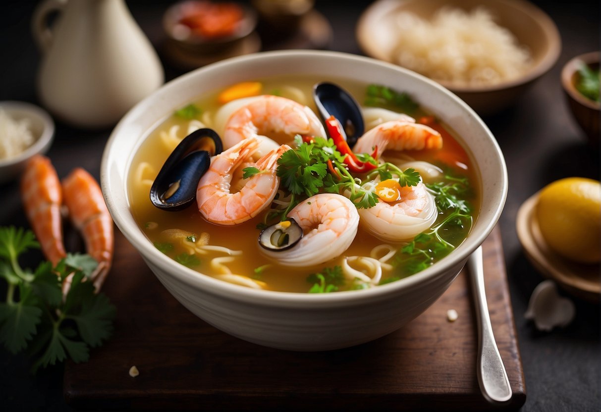 A steaming bowl of Chinese seafood soup, with a golden egg floating in the savory broth, surrounded by fresh ingredients and a list of nutritional information