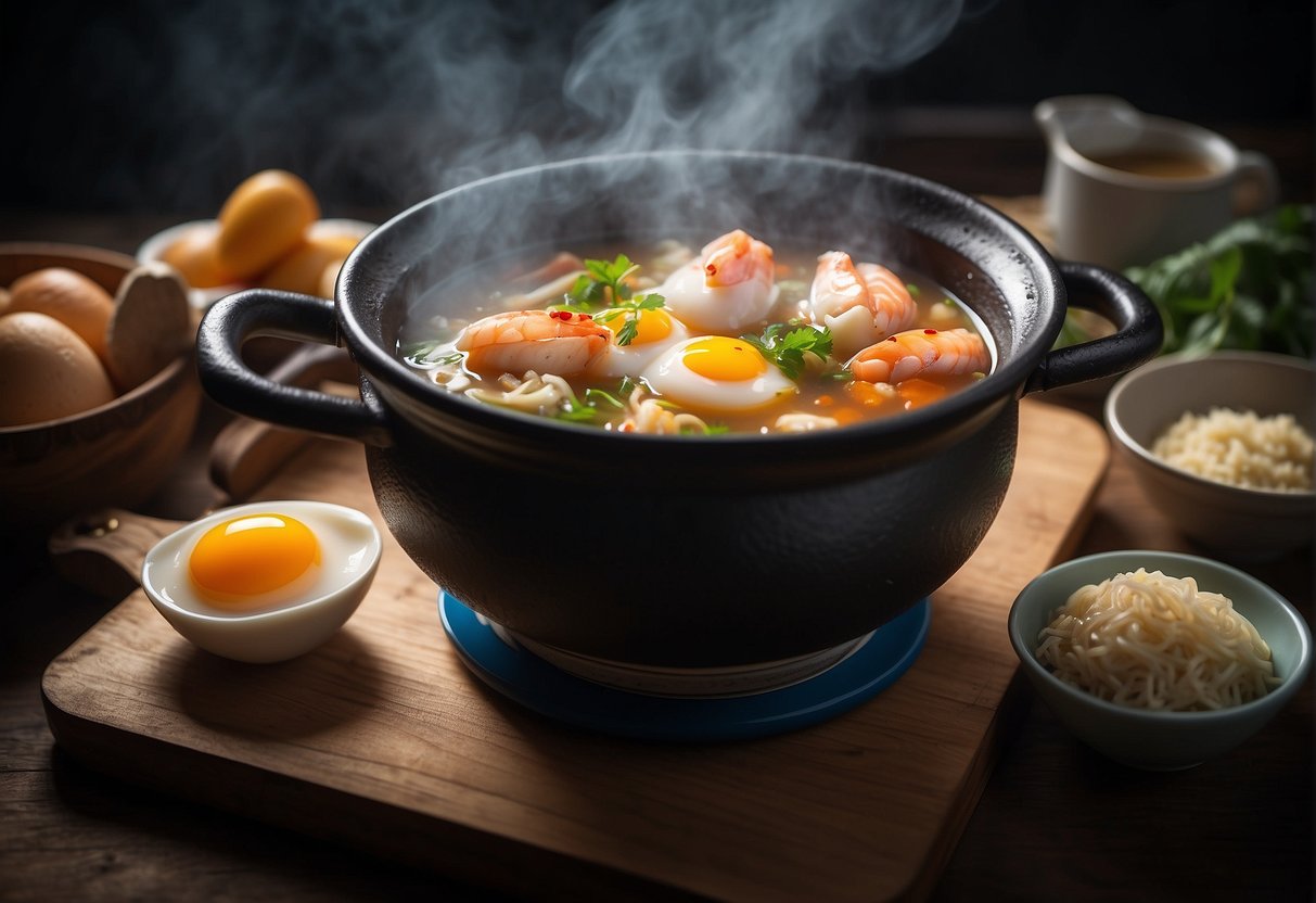 A steaming pot of Chinese seafood soup with eggs, surrounded by a stack of frequently asked questions about the recipe