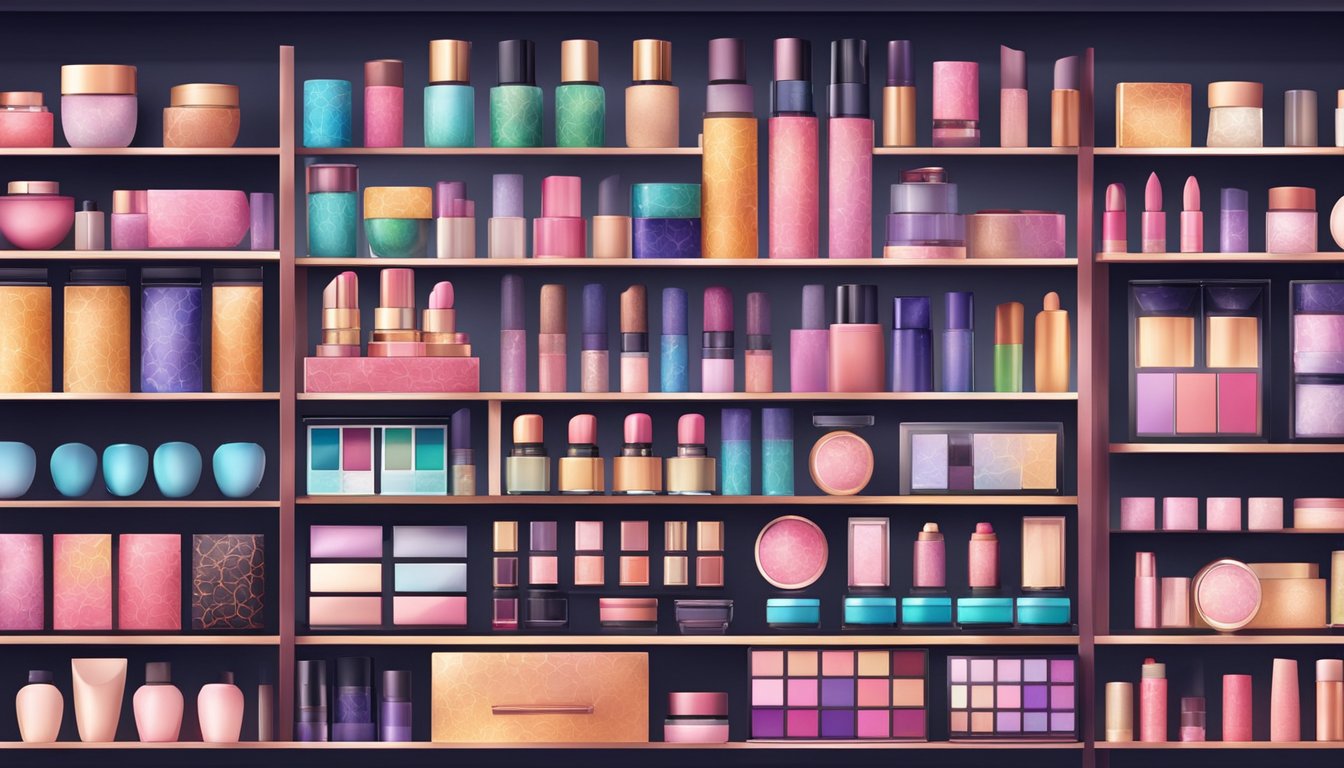 A colorful display of Japanese makeup products on shelves, with elegant packaging and intricate designs, surrounded by soft lighting