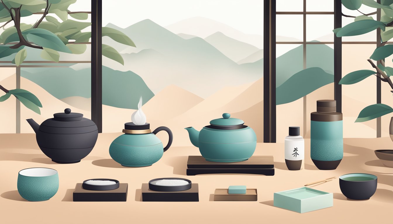 A traditional Japanese tea ceremony set up with skincare products and makeup from Japanese brands in a serene and minimalist setting