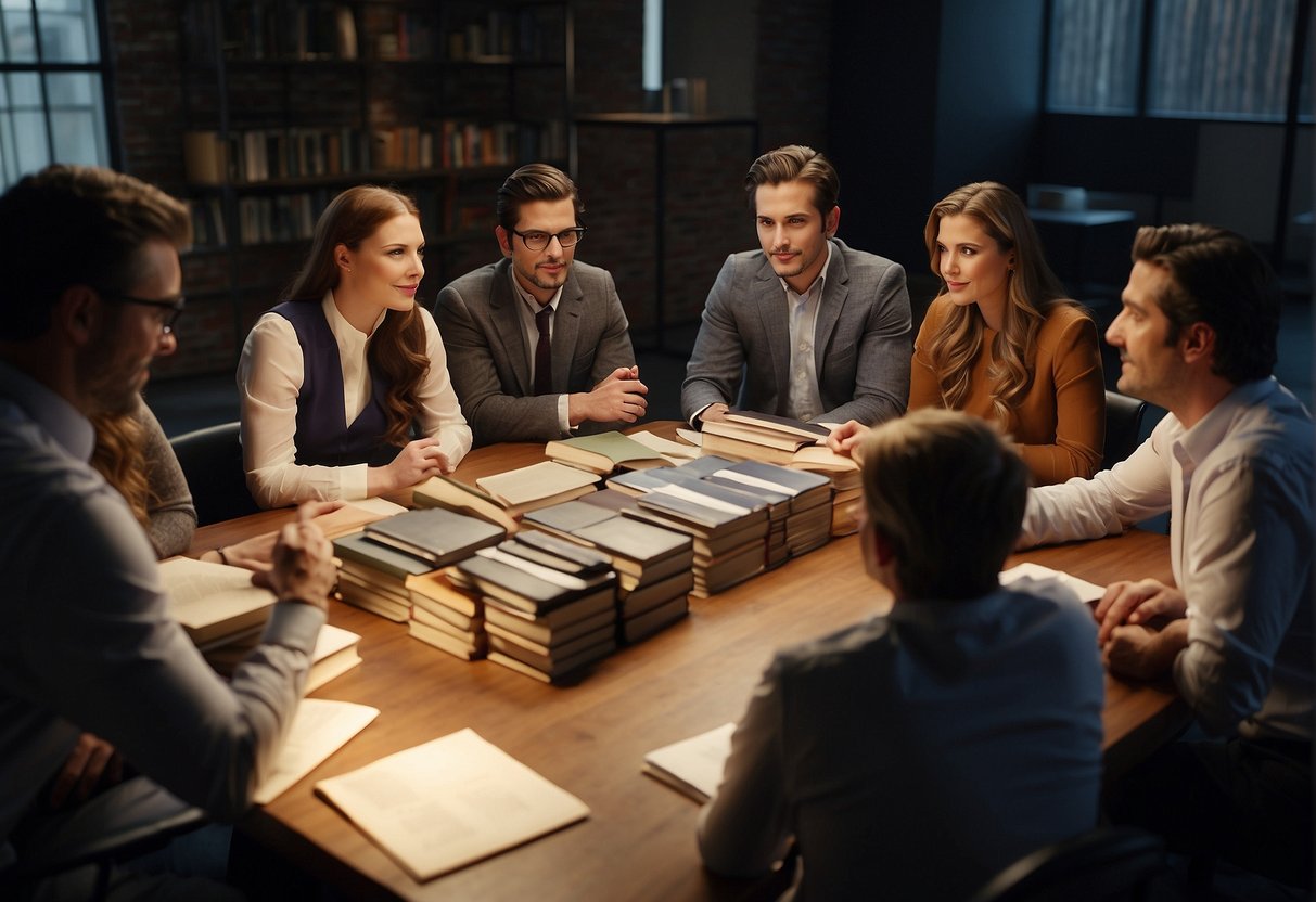 A group of people gather around a table, discussing the purpose of pubic hair. Books and research papers are scattered across the surface as they engage in a lively debate
