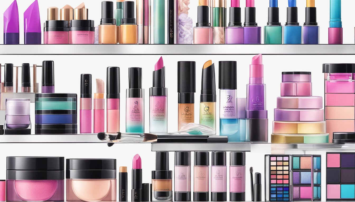 A display of Tokyo makeup brands, showcasing the latest techniques and trends, with vibrant colors and sleek packaging