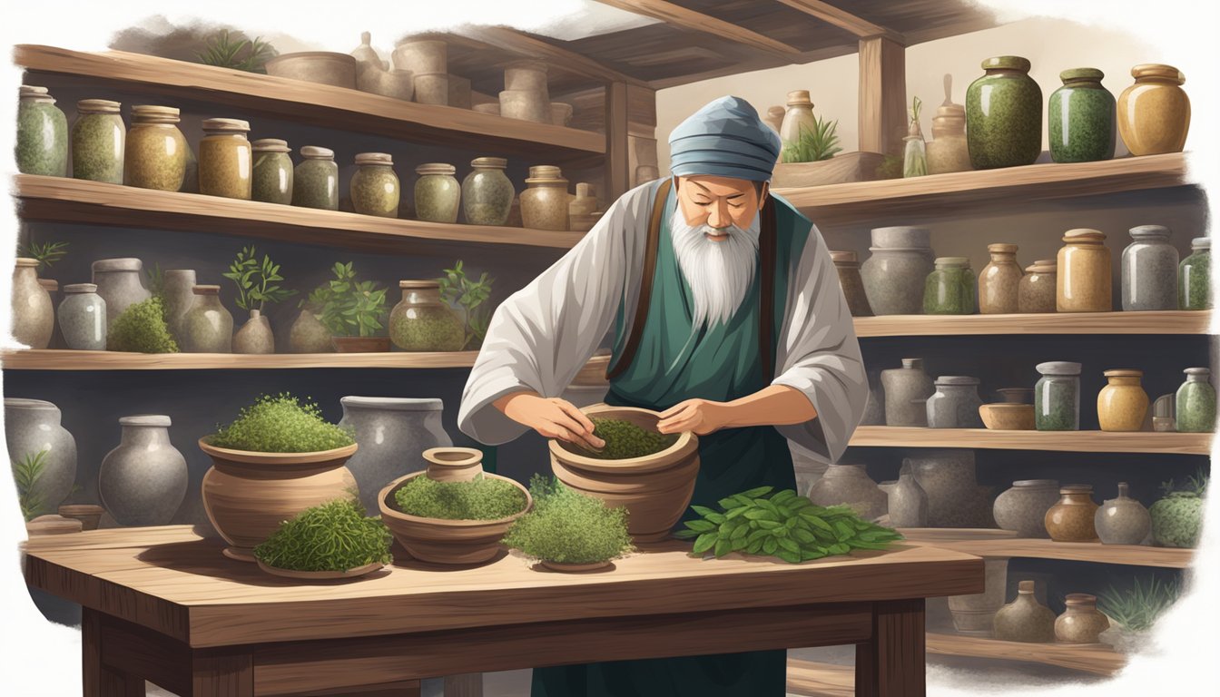 A traditional Chinese herbalist mixes potent herbs in a rustic wooden mortar, surrounded by shelves of ancient apothecary jars
