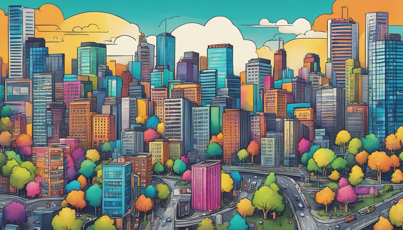 A vibrant Axe Brand logo stands out against a backdrop of a busy cityscape, with bold text and eye-catching colors, drawing attention in a bustling advertising space