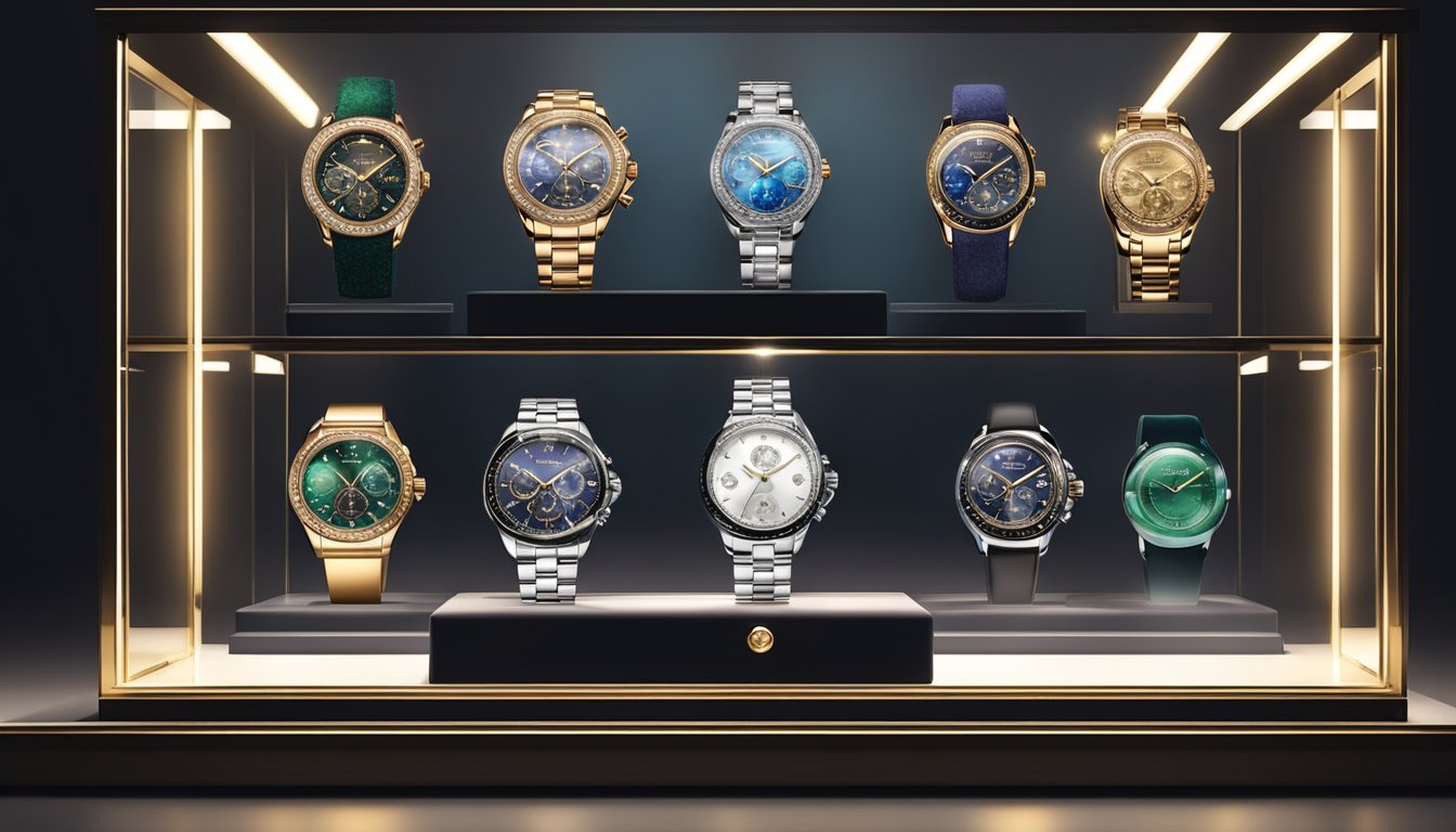 Luxury watch brands displayed on velvet cushions in a glass case. Bright spotlight highlights intricate details and sparkling gemstones