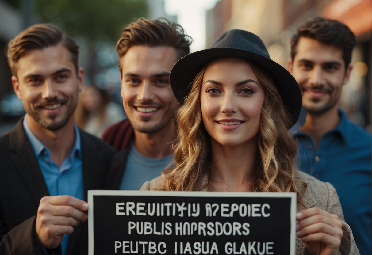 A group of people gathered around a sign that reads "Frequently Asked Questions: Why do we have pubic hair?" with curious expressions on their faces
