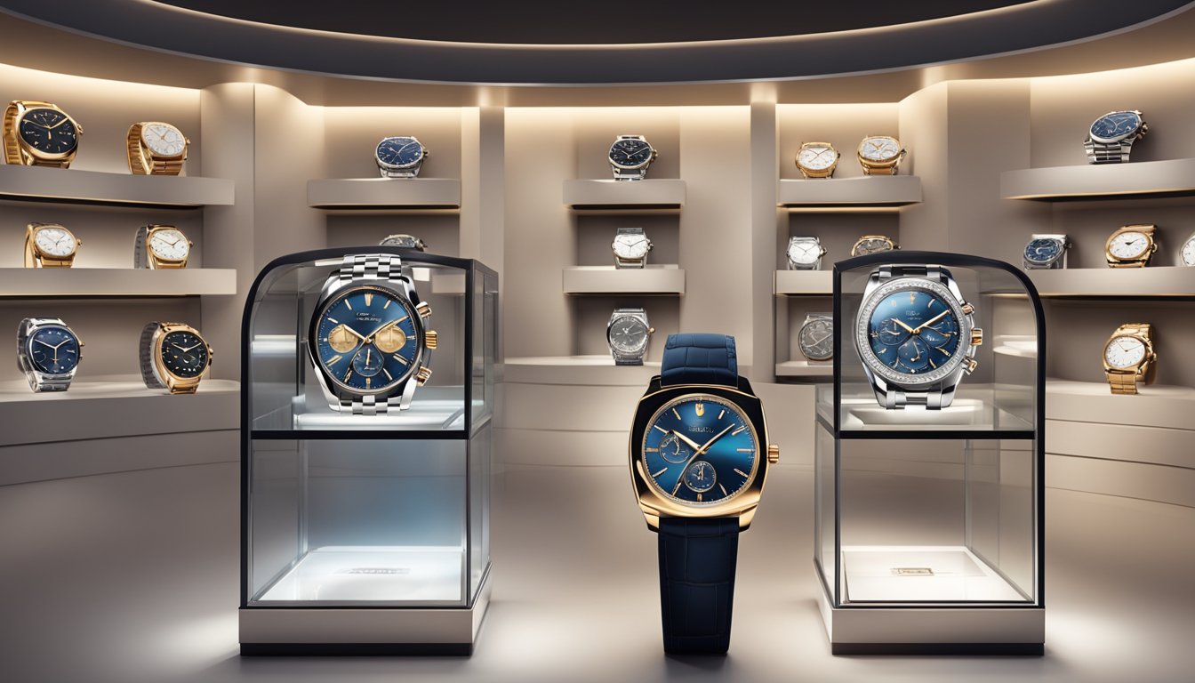 A luxurious display of top expensive watch brands, gleaming under soft lighting in a sleek, modern showcase