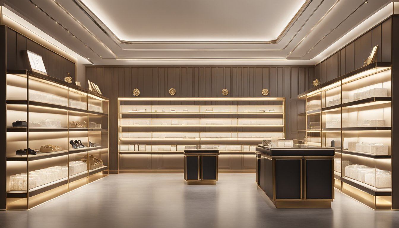Luxury brands under LVMH displayed on elegant shelves with soft lighting and a sophisticated backdrop