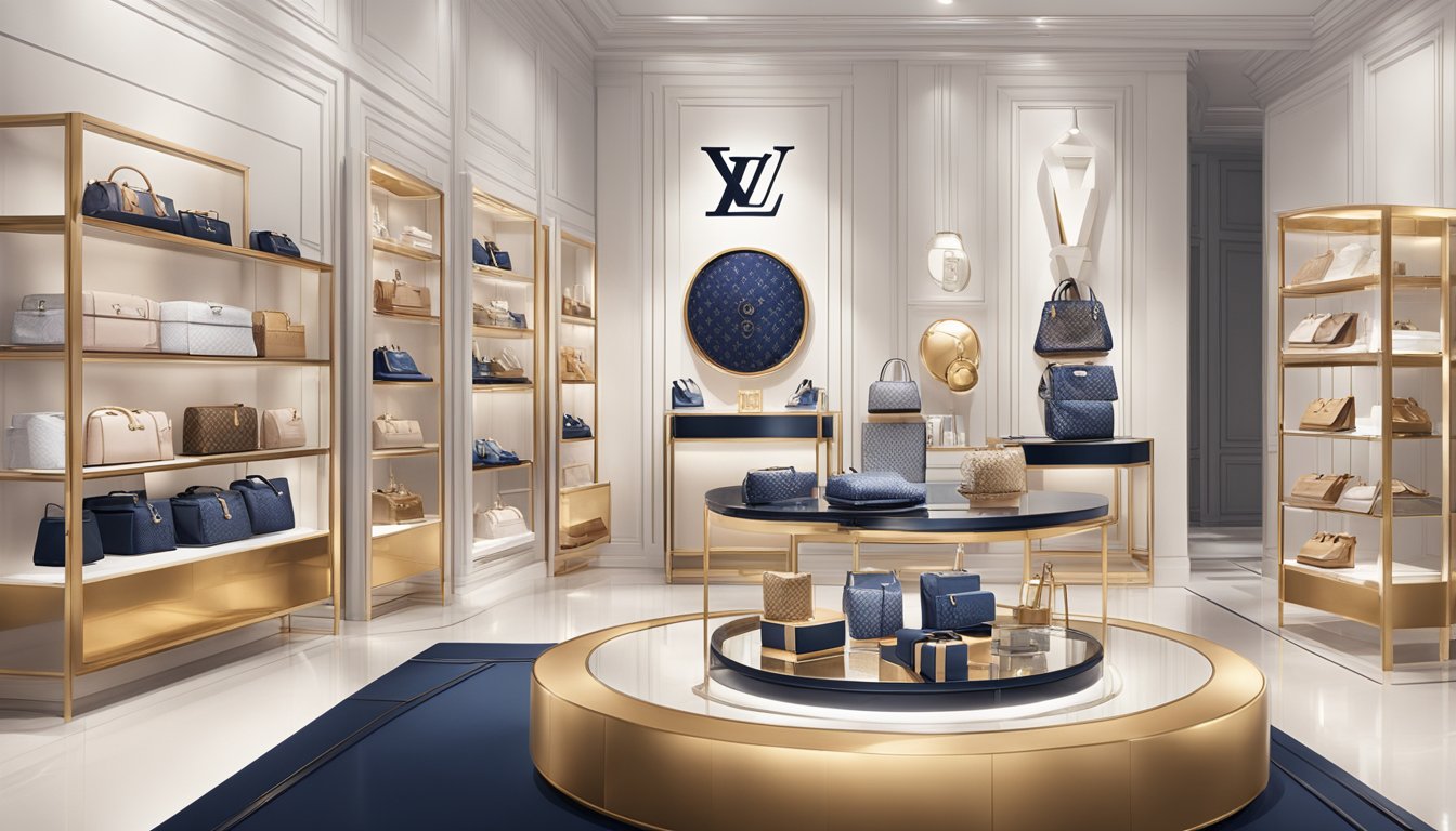 A collection of luxury brands, including Louis Vuitton and Dior, displayed in a sleek and modern setting, with each logo and product prominently showcased