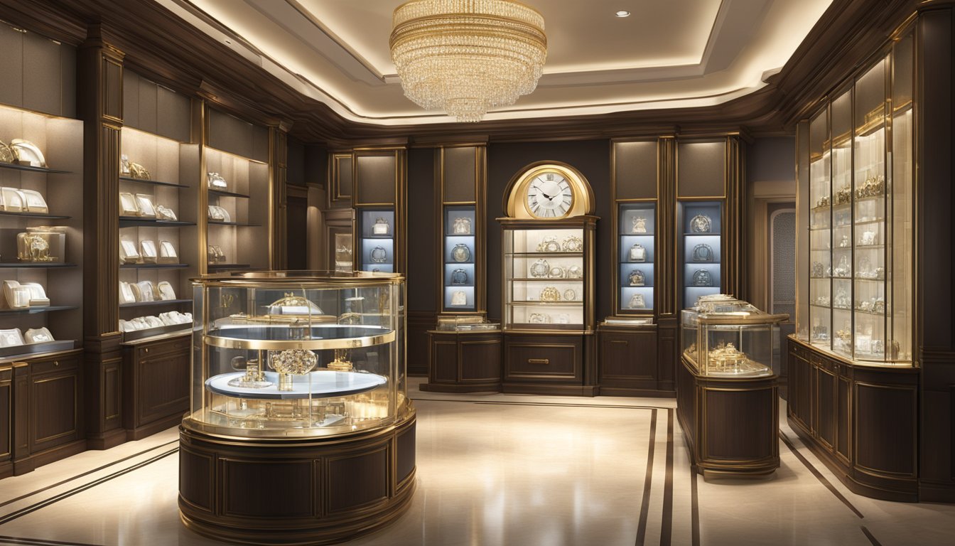 A luxurious watch display case with top-tier timepieces gleaming under soft lighting, showcasing intricate details and craftsmanship. Surrounding the case are opulent furnishings and a sophisticated ambiance, evoking exclusivity and prestige