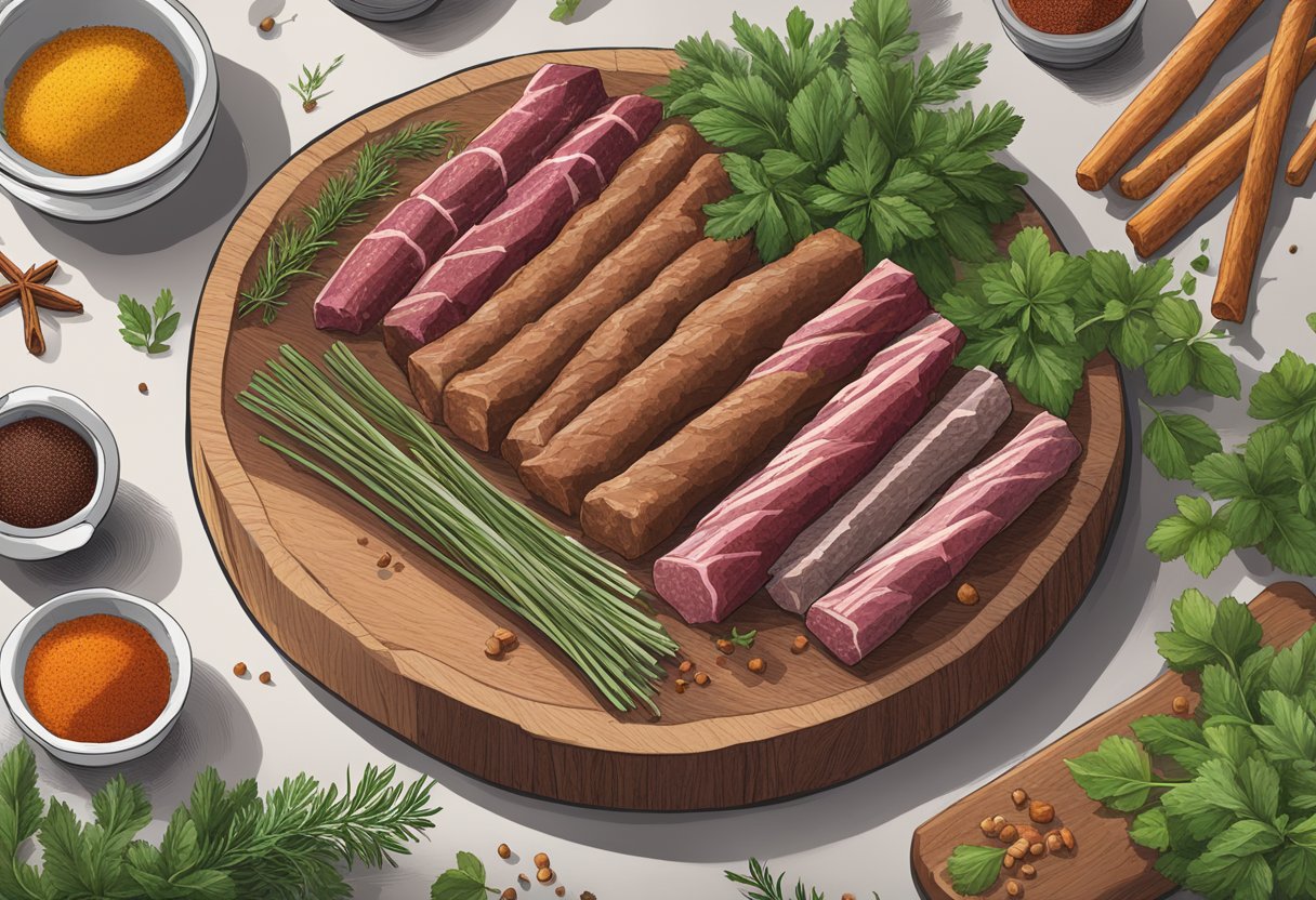 A table with a variety of venison meat sticks, surrounded by fresh herbs and spices, with a label indicating "Venison Defined" as the centerpiece