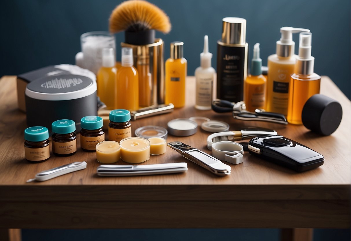 A table with various depilation tools and products, including wax strips, razors, and tweezers. A poster on the wall shows different hair removal techniques